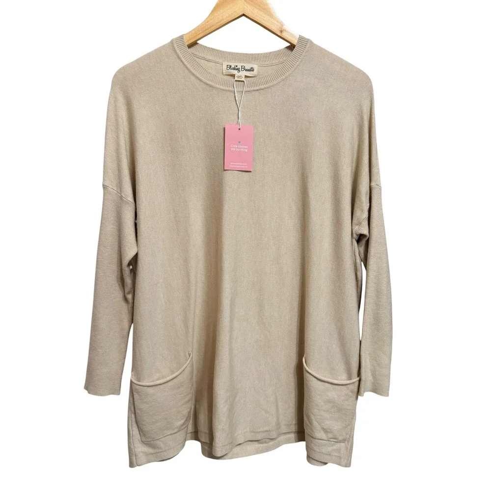 Blushing Brunette Beige Minimalist Oversized Tunic Sweater Knit S/M‎ NEW